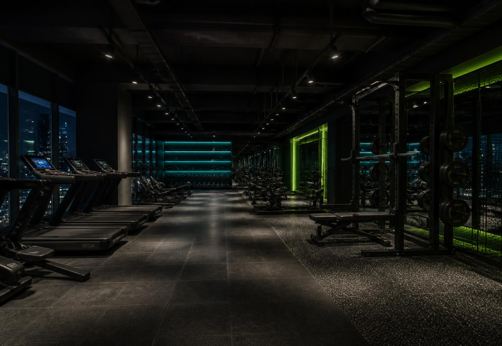 Modern gym floor with equipment lit at dusk